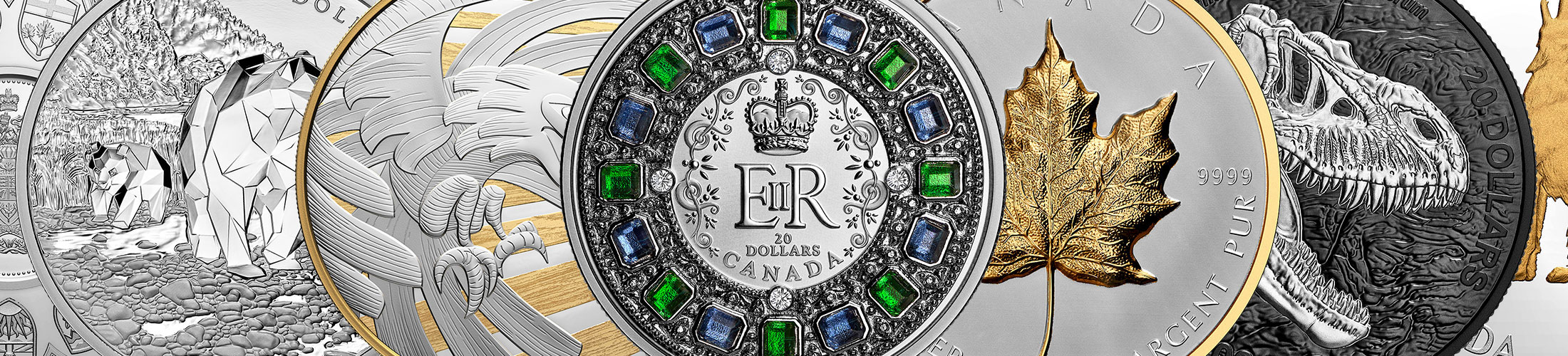 A banner of overlapping Royal Canadian Mint coins