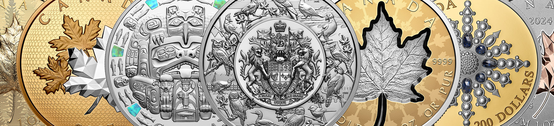 A banner of overlapping Royal Canadian Mint coins