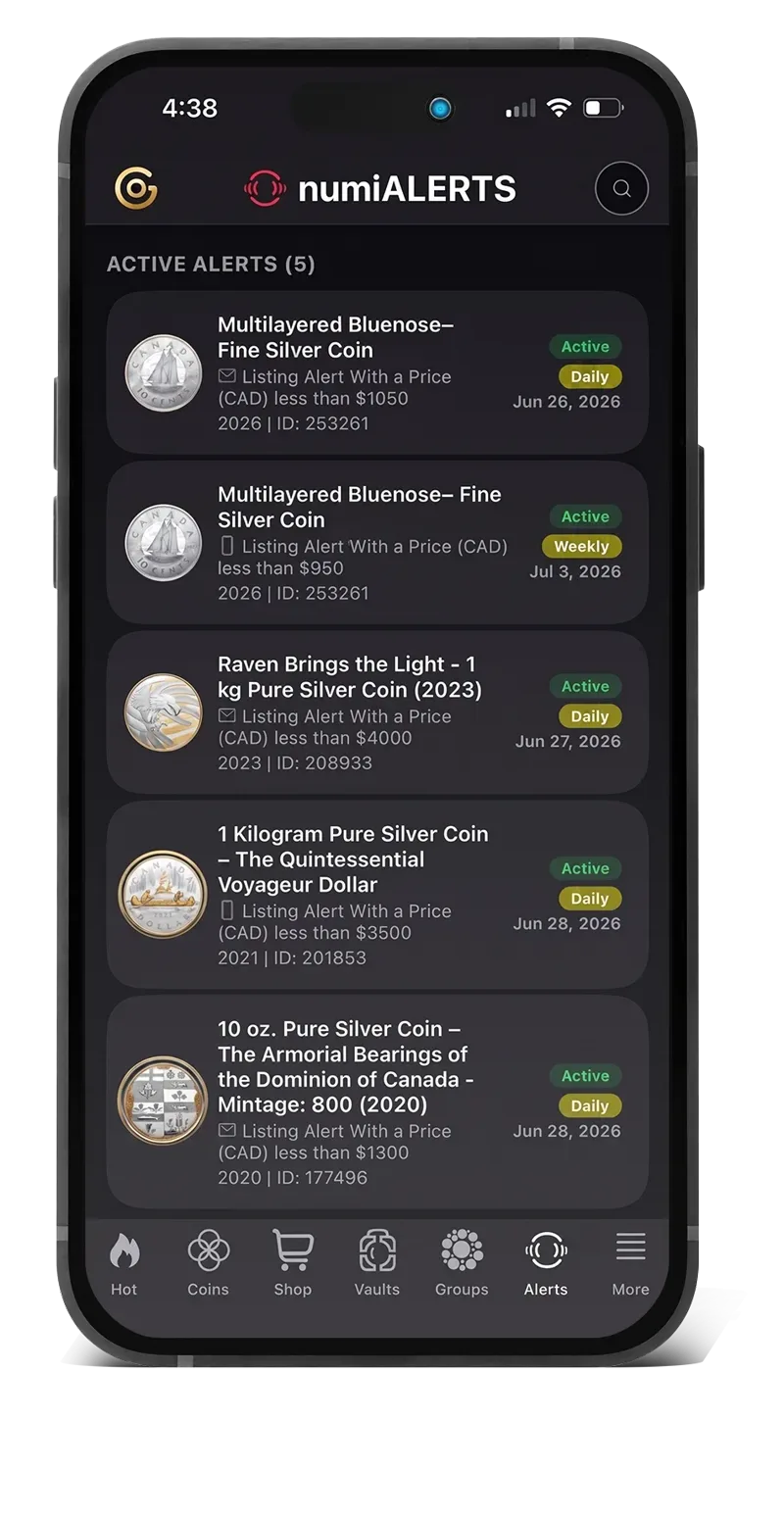 numiALERTS screen listing incoming coin opportunities