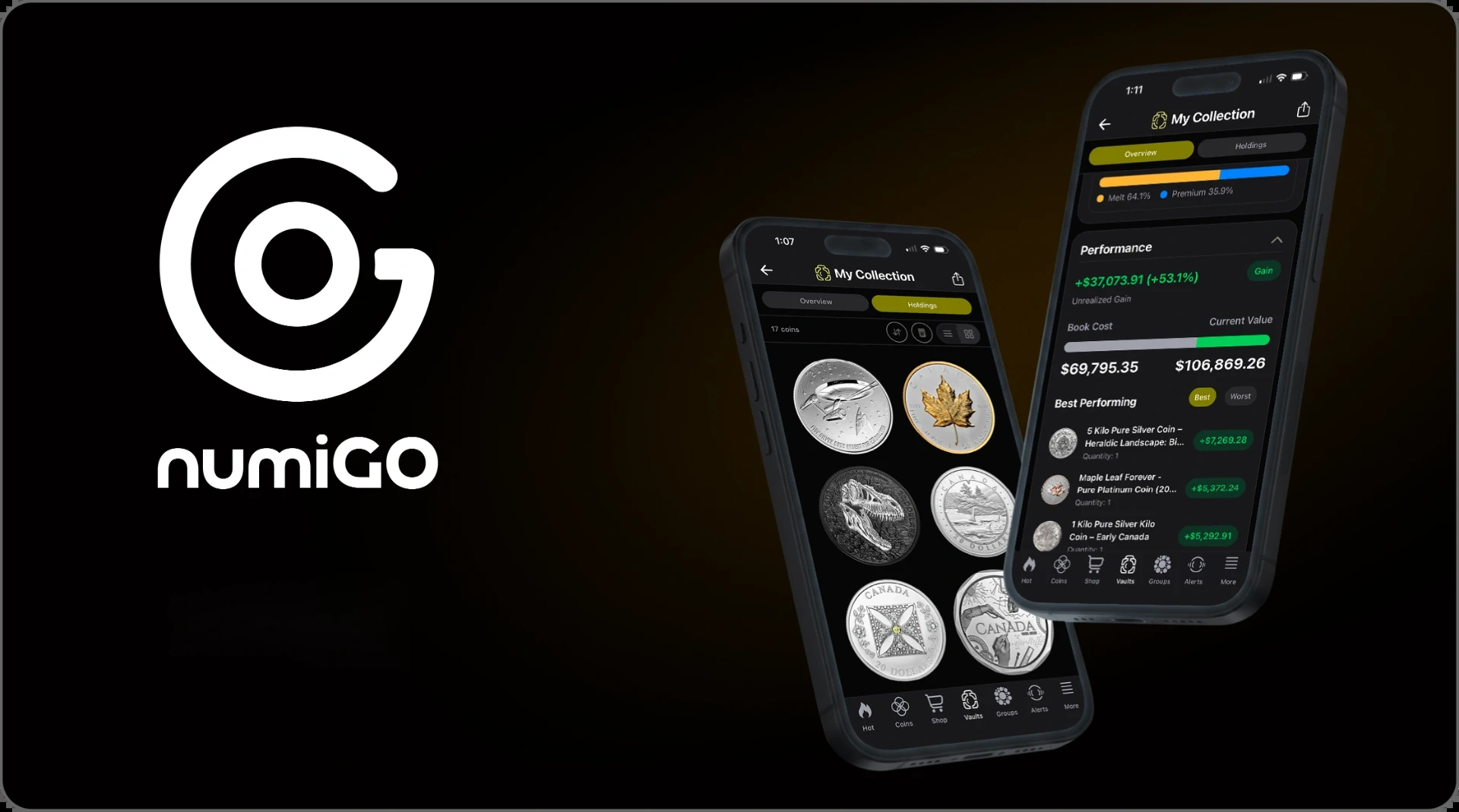 numiGO introduction film opening frame: the numiGO logo beside two phones showing a vault collection and vault overview