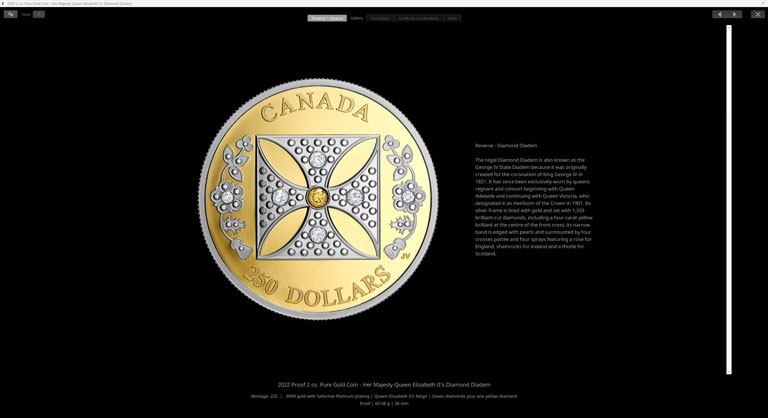 numi Full Screen Presenter 2022 Proof 2oz Pure Gold Coin Her Majesty Queen Elizabeth II's Diamond Diadem screenshot